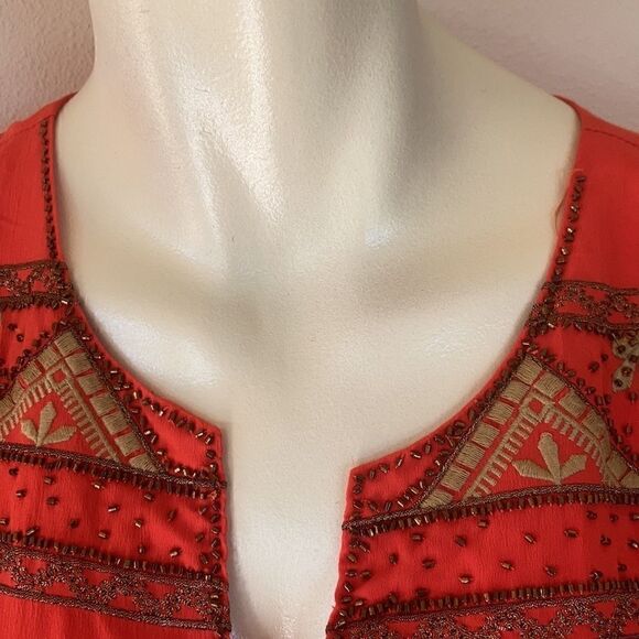 M M Couture Embroidered beaded lined three-quarter sleeve top Tangerine tan Med - Picture 2 of 10